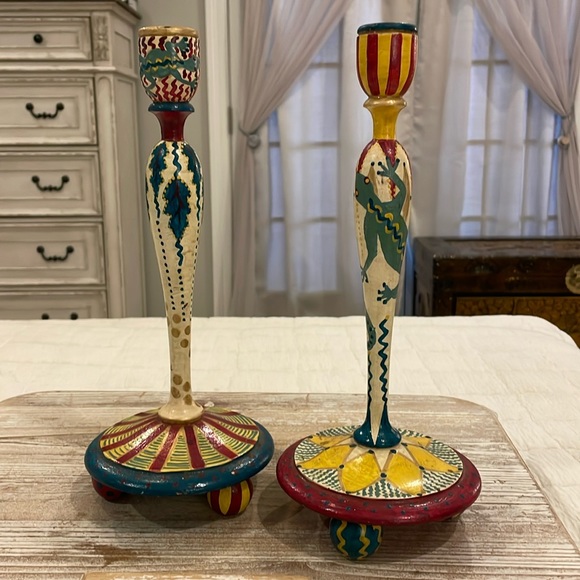 Vintage Hand Painted Gecko Lizard Decorative Candlesticks